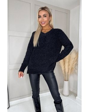 AX Paris V-Neck Chenille Knit Jumper - Blue