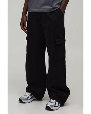 BoohooMAN Wide Fit Half & Waistband Cargo Pocket Washed Twill Trouser - Black