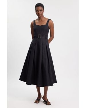 Karen Millen Petite Premium Cotton Tailored Fabric Belted Buckle Midi Dress - White