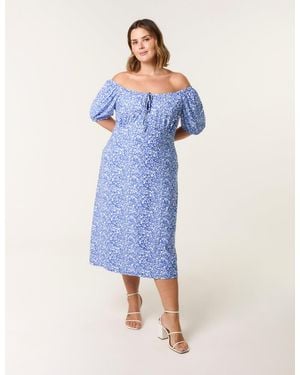 Blue Vanilla Curve Ditsy Print Milkmaid Stretch Crepe Midi Dress - Blue