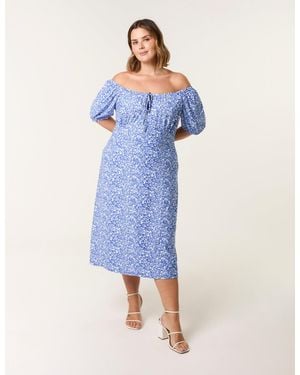 Blue Vanilla Curve Ditsy Print Milkmaid Stretch Crepe Midi Dress - Blue