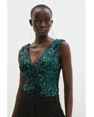 Coast V Neck Sequin Bodysuit - Green