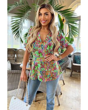 AX Paris Multi Floral Garden Print V Neck Top - Green