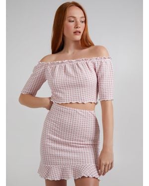 Pink Vanilla Frill Detail Gingham Bardot Top - Pink