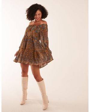 Blue Vanilla Bardot Neck Mini Trapeze Dress - Brown