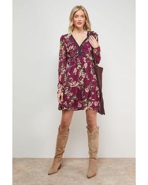 Oasis Printed Statement Shoulder Ruched Body Mini Dress - Red