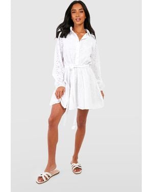 Boohoo Petite Broderie Belted Skater Shirt Dress - White