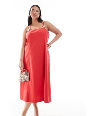 Renee Studio Plus Exclusive Linen Look Halterneck Seashell Hardware Detail Strappy Midi Dress - Red
