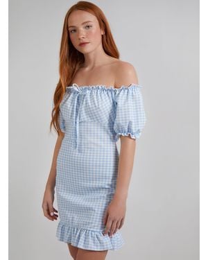 Pink Vanilla Gingham Gypsy Bardot Dress - Blue