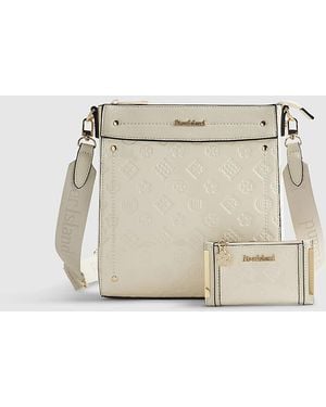 River Island Messenger Bag Embossed Monogram Bundle Zip Pu - Natural