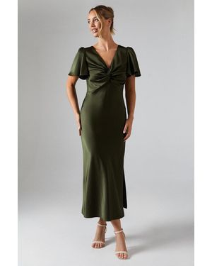 Oasis Satin Twist Front Angel Sleeve Midi Bridesmaids Dress - Green