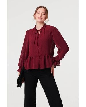 Izabel London Burgundy Textured Semi Sheer Frilled Blouse