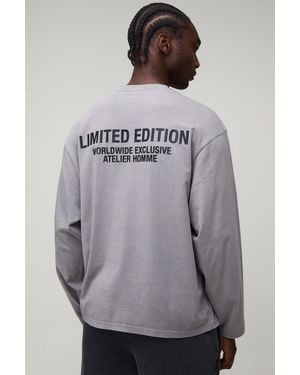BoohooMAN Tall Oversized Limited Edition Washed Raised Text Long Sleeve T-Shirt - Grey