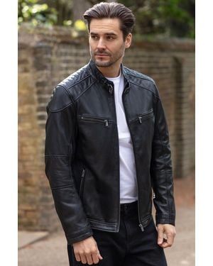 Ashwood Leather 'Lent' Classic Biker Jacket With Buckled Collar - Blue