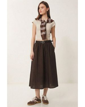 Happiness İstanbul High-Waist Belted Midi A-Line Skirt - Natural