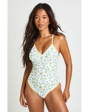 Boohoo Lemon Print Plunge Swimsuit - White