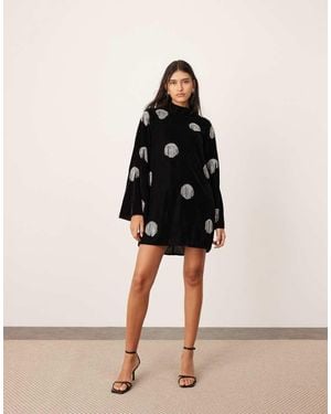 ASOS Embellished Diamante Fringe High Neck Velvet Mini Dress - Natural