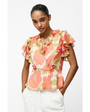 French Connection Floral Print Ruffle Wrap Over Crinkle Blouse - Orange