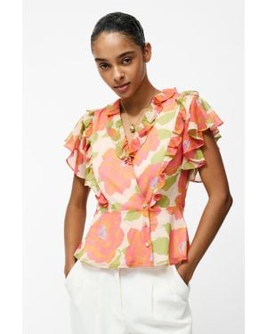 French Connection Floral Print Ruffle Wrap Over Crinkle Blouse - Orange