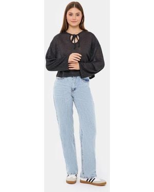 Hiccup Knitted Loose Fit Round Neck Blouse With Tie-Up Detail - Blue