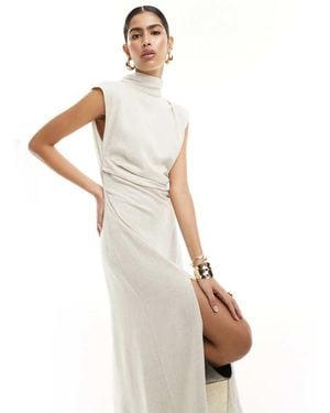 ASOS Linen High Neck Grown On Sleeve Midi Dress With Open Back And Button Detail - White