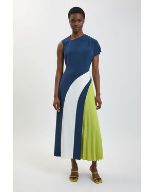 Karen Millen Petite Soft Tailored Colour Block High Neck Pleated Midi Dress - Blue