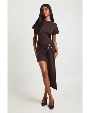 Boohoo Trim Belted Cap Sleeve Dress - Brown