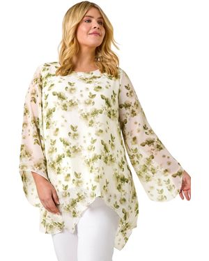 Roman Curve Floral Print Overlay Top - Metallic