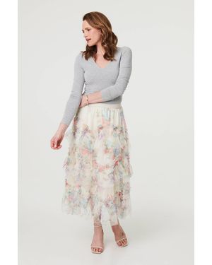 Izabel London Floral Semi Sheer Mesh Ruffled Midi Skirt - Natural