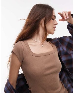 TOPSHOP Square Neck Rib Cap Sleeve Tee - Brown