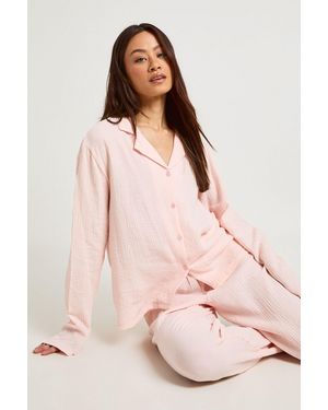 Boohoo Tall Muslin Long Sleeve Shirt & Trouser Pyjama Set - Pink