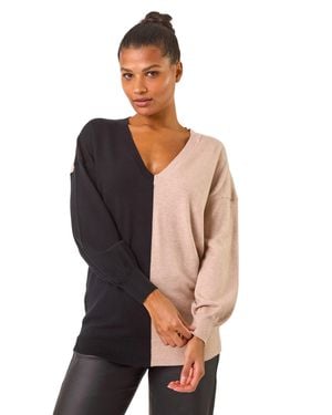 Roman V-Neck Colour Block Knit Jumper - Black