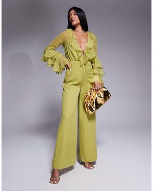 ASOS Long Sleeve Ruffle Jumpsuit With Tie Detail - Metallic