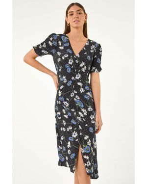 Roman Floral Ruched Sleeve Dress - Black