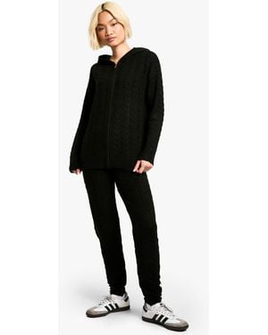 Boohoo Soft Cable Zip Through Hoody Knitted Tracksuit - Black