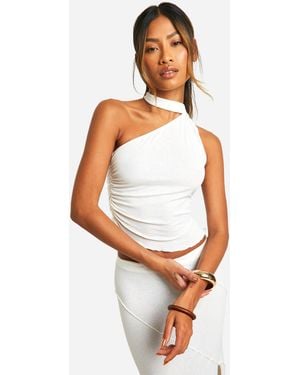 Boohoo Asymetric One Shoulder Top With Scarf - White