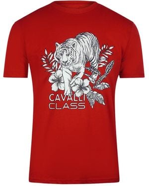 Roberto Cavalli Tiger Floral Logo T-Shirt Cotton - Red