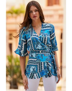 Sosandar Scarf Print Ruffle Detail Wrap Top - Blue