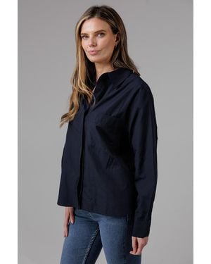 French Connection Cotton Long Sleeve Chest Pocket Poplin Popover High-Low Hem Shirt - Blue