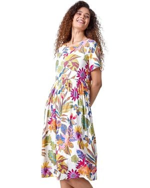 Roman Floral Print Cotton Midi Dress - White