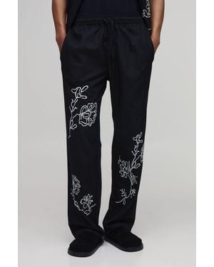 BoohooMAN Relaxed Fit Linen Blend Floral Embroidery Trousers - Blue