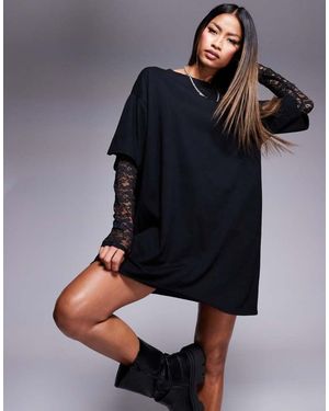 ASOS T-Shirt Mini Dress With Lace Sleeves - Blue