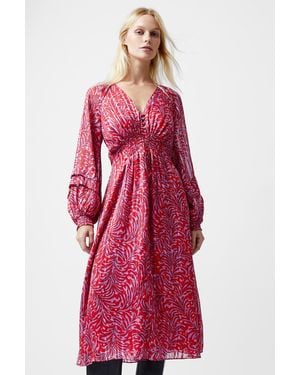 French Connection Ruched Chiffon V-Neck Long Sleeeve Printed Midi Dress - Red