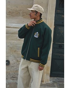 BoohooMAN Oversized Fit Melton Funnel Neck Embroidered Crest Bomber Jacket - Green