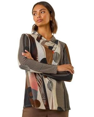 Roman Abstract Print Snit Top - Brown