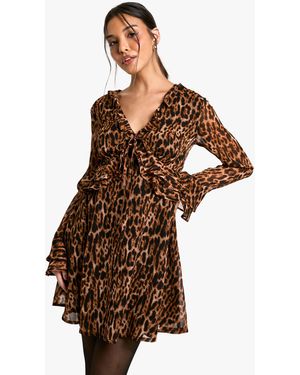 Boohoo Leopard Ruffle Sleeve Mini Dress - Brown