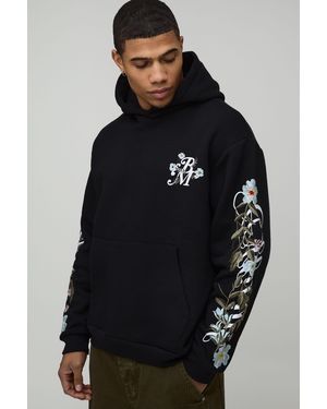 BoohooMAN Oversized Floral Sleeve Embroidery Hoodie - Blue