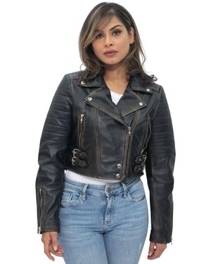 Infinity Leather Cropped Brando Biker Jacket-Damascus - Grey