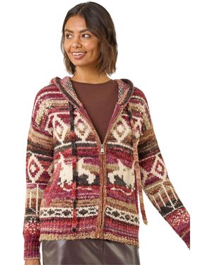 Roman Jacquard Zip Hooded Cardigan - Red