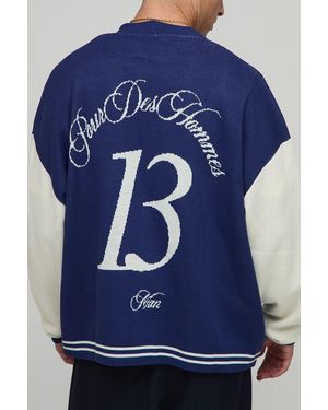 BoohooMAN Oversized Ribbed Sleeve Varsity Jacquard Knitted Cardigan - Blue